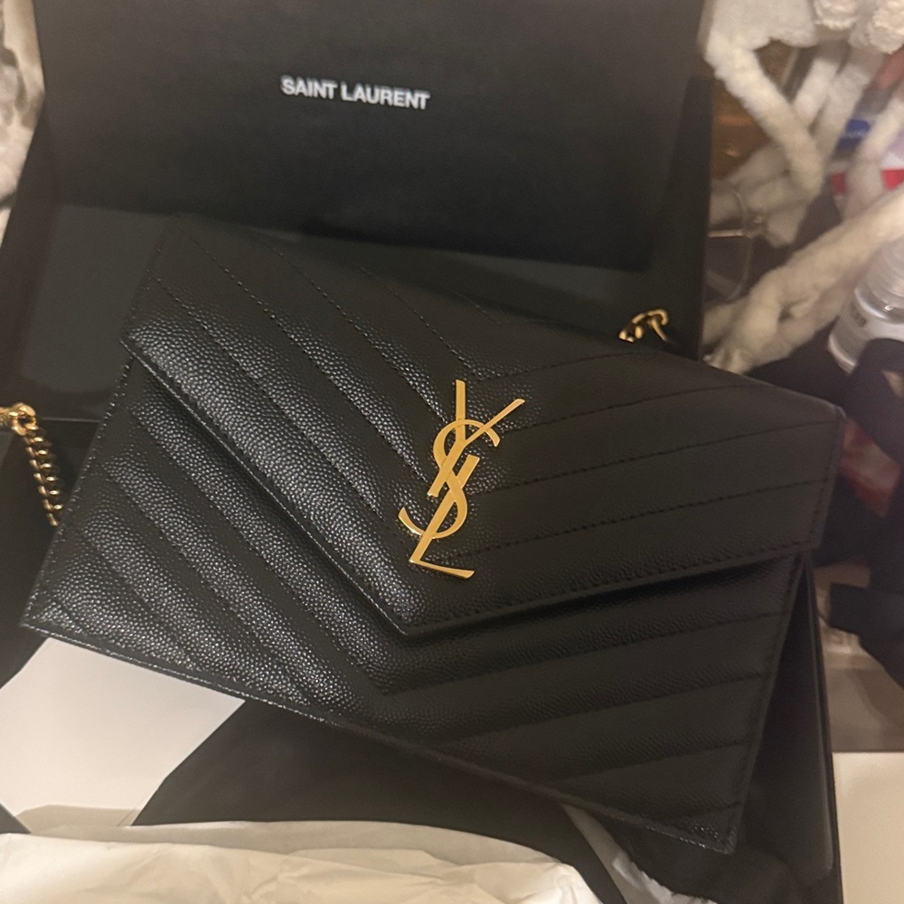 Saint Laurent Black Chevron Leather Clutch